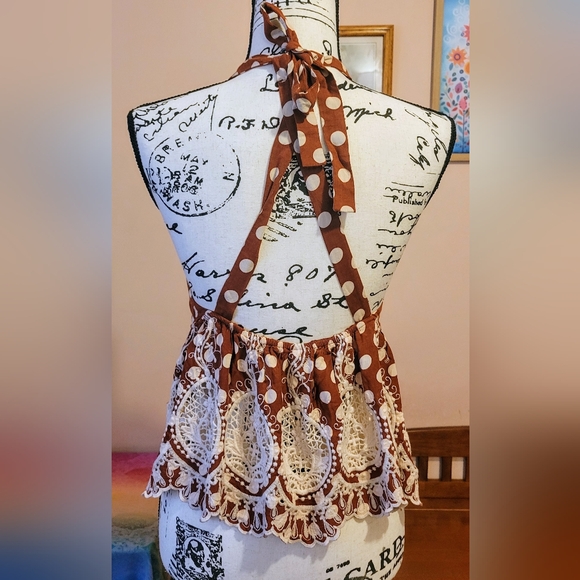 Free People Lunch Date Rust Polka Dot Adjustable Boho Halter Top, Babydoll M EUC - Picture 11 of 15